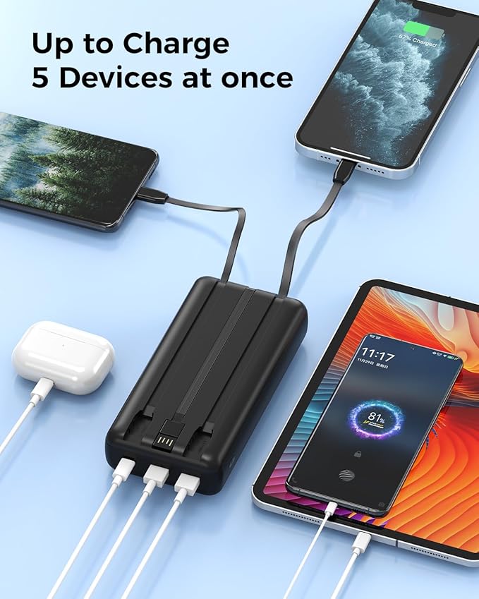 50000mAh Power Bank Portable Charger 22.5W Fast Charging, Built in Cables USB-C External Battery Pack, Phone Charger with 5 Output & 2 Input USB C, Travel Camping Essential for iPhone & Andriod