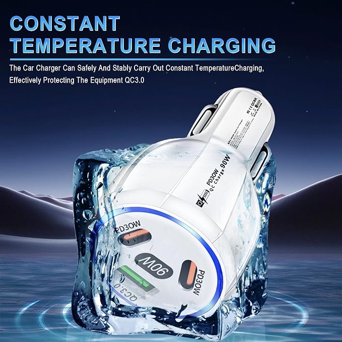 Amiss Car Charger Adapter, 3 Port USB-C & USB-A 90W Fast Charger, Car Interior Accessories, Essential Travel Gifts for Men and Women, Fit for iPhone 17/16/15/14/13Pro Max, Samsung, Android (White 1pc)