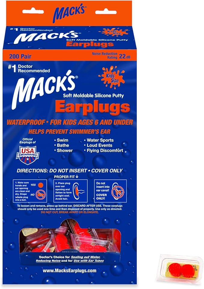 Mack’s® Soft Moldable Silicone Putty Earplugs - Kids Size, 200 Pair Dispenser – Comfortable Small Ear Plugs for Swimming, Bathing, Travel, Loud Events and Flying | Made in USA