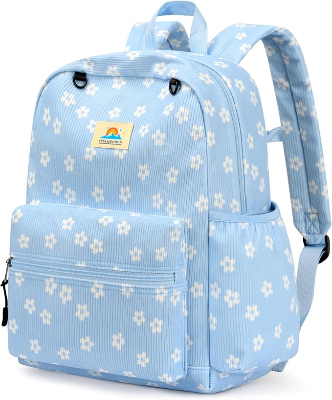 STEAMEDBUN Corduroy Kids Backpack for Girls and Boys 5-8: Girls Backpack for Elementary Kindergarten - 15 inch Cute Backpacks for Kids - Floral