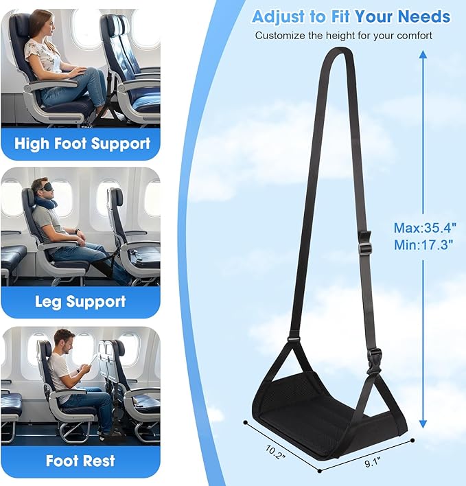ExploreBliss Airplane Foot Rest - Lightweight Foot Hammock for Plane Travel with Adjustable Strap & Thick Board, Tray Table Under Desk Footrest to Relax Feet, Travel Essentials for Long Flights(Black)