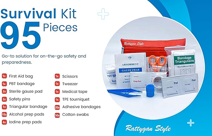 Travel Survival First Aid Emergency Kit – 95 Pieces – Compact & Lightweight Emergency Medical Kit for Carry On, Backpacking, and Road Trips