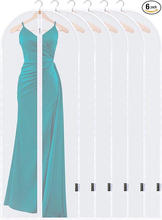 BALEINE 60'' Translucent Garment Bags, 6 Packs PEVA Dress Bag for Closet Clothes Dresses Suit Coats Storage (White, 6PK)