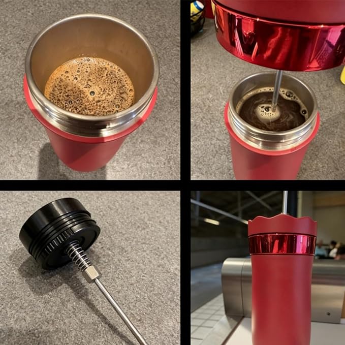 Portable Travel French Press Coffee Maker 12oz Portable French Coffee Maker and Tea Maker Double Walled Stainless Steel Vacuum Insulated Coffee Mug Great for Camping and Traveling (Rose)