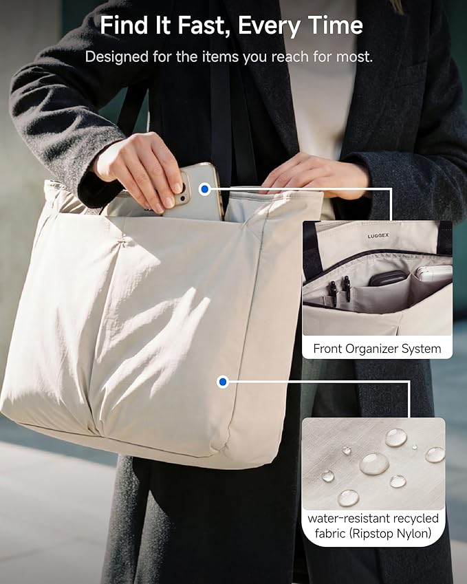LUGGEX Laptop Tote Bag, LTX04 20L Lightweight Work Tote for 13-15.6 Inch Laptop, Water-Resistant Nylon Computer Shoulder Bag with Padded Sleeve, Bottle Holders & Luggage Strap (LTX04, Beige)