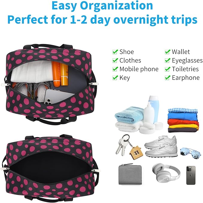 Apenze Small Gym Bag 14 inch lightweight Carry On Mini Duffel Bag for Travel Sport - Polka Dot Pink