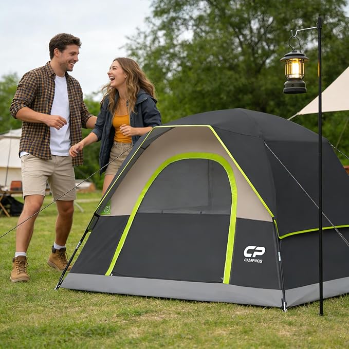 CAMPROS CP Camping Tent 2/4/6 Person, Waterproof Windproof Double Layer Dome Tent, Easy Setup with Large Mesh Windows & Wide Door for Outdoor Camping Backyard