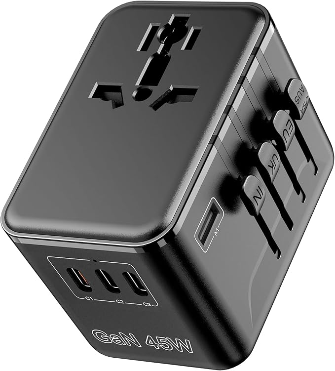 Universal Travel Adapter - 45W International Power Adapter with PD Fast Charging, All-in-One Travel Essentials Plug Adapter for USA to European UK AUS India, Type C/G/D/I/A