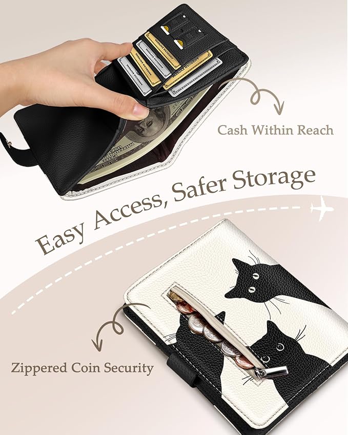 Slohif Passport Wallet Holder Cover for Travel - Women Men RFID Blocking Passport Book Case Protector, Cream Cute Black Cat Leather Personalized Organizer Slim Carrier Boarding Pass Cards Slots