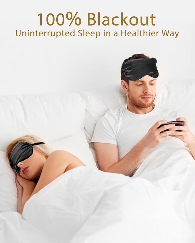 4 Pack Silky Sleep Masks for Women Men, JroyJoy 100% Blackout and Super Soft for Sleeping with Adjustable Strap, Satin Eye Mask for Side Sleeper, Travel Eye Covers (004 Black*4pcs)