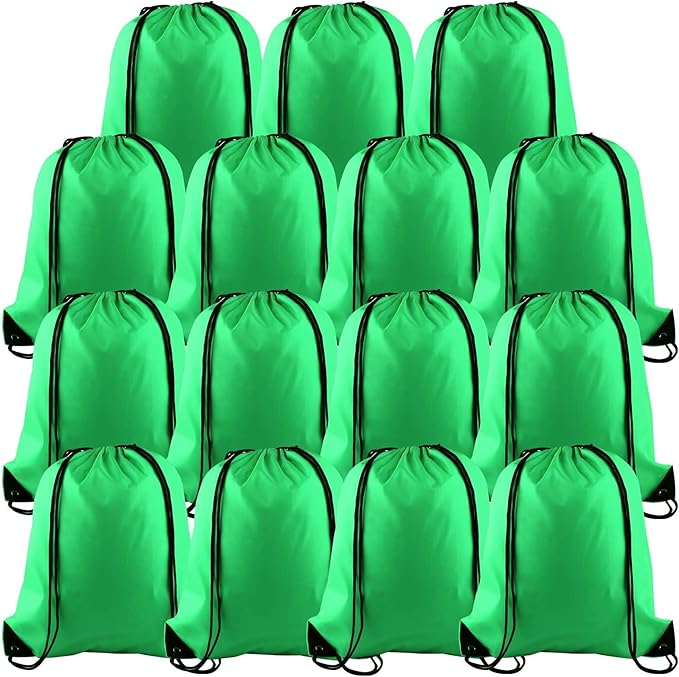 PLULON 15 Pcs Green Drawstring Bags Drawstring Backpack Bulk, String Backpack Cinch Sack Sport Gym Bags for Yoga Traveling Outdoor Sports