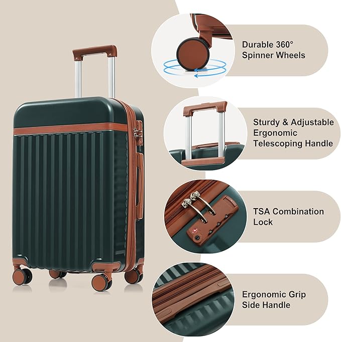 Merax 3 Piece Luggage Set ABS Hardside Suitcase Sets with Spinner Wheels and TSA Lock, 20 inch with Front Opening Design and USB Port, 20" Airline Certified Carry-on Luggage, 20" 24" 28", Dark Green