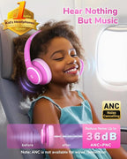 iClever BTH26 Active Noise Cancelling Headphones for Kids, 60H Play Time, Safe Volume 80dBA, Type C Fast Charging, Bluetooth5.4, Kids Bluetooth Headphones with Mic AUX Cord for iPad Airplane, Pink