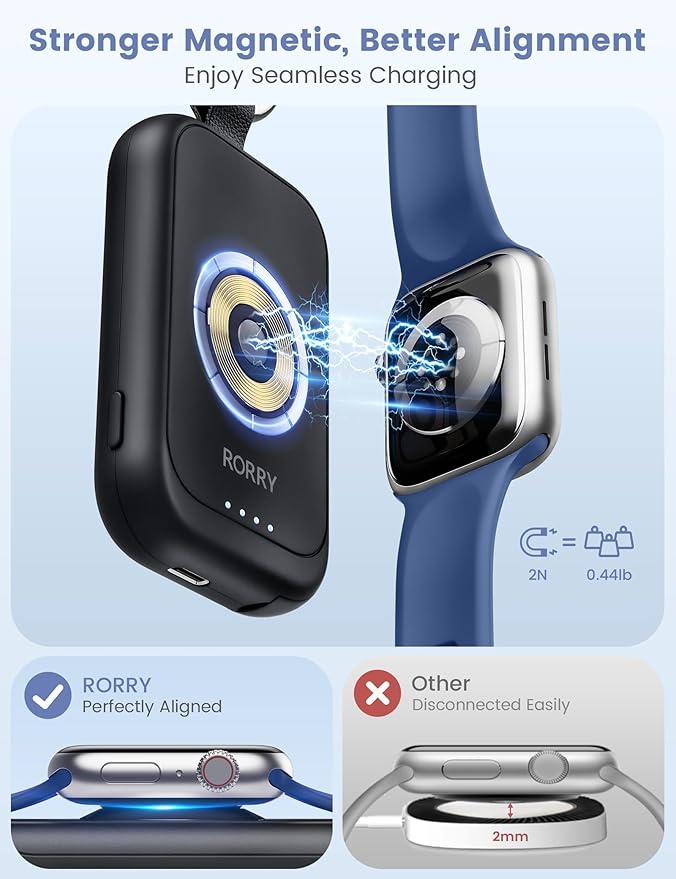 RORRY CharmGo Charger for Apple Watch Series 10, 2500mAh Fast Charging Portable Charger for iWatch, Travel Charger with Built-in USB C Cable for Apple Watch Ultra Series 9 8 7 6 3 2 Accessories, Black
