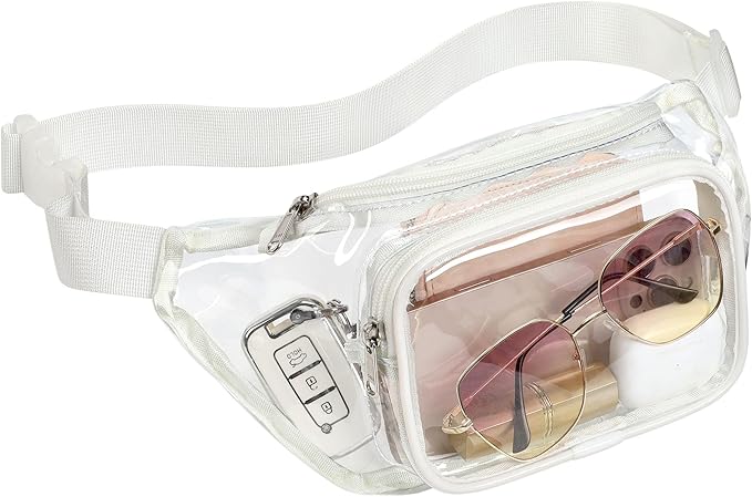 Veckle Clear Fanny Pack Stadium Approved - Adjustable 33-47 Inch Strap, Transparent Belt Bag for Women Men Fits 7.5-inch Smartphone, Waist Bag Clear Bag for Stadium Events, Sport, Concerts, White
