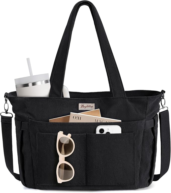 Bagstellar Corduroy Tote Bag for Women, 17 Pockets Laptop Work Tote Bag Lightweight Teacher Nurse Bible Bag for School Travel | with 40oz Cup Holder, Multi Compartment, Zipper Crossbody Bag, College Shoulder Bag, Daily Purse w/ Strap, Ideal Gift for Women