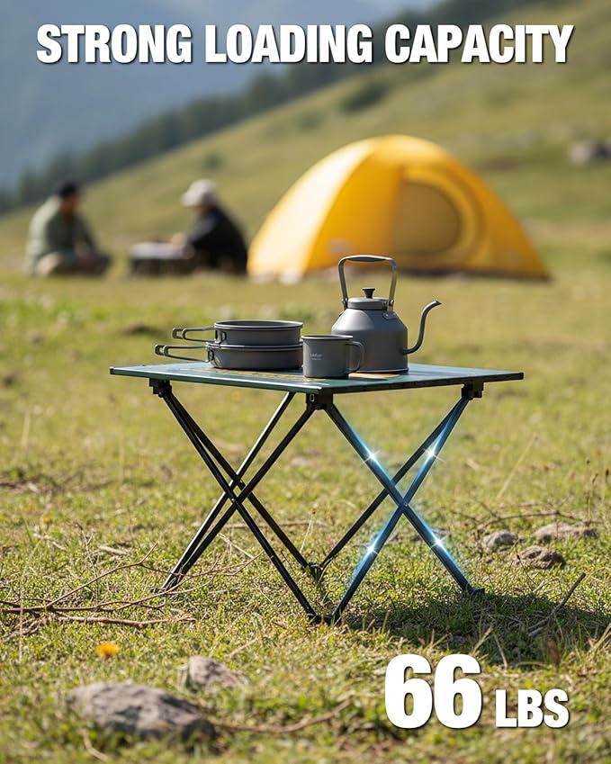 VILLEY Portable Camping Side Table, Ultralight Aluminum Folding Table with Mountain Silhouette Print and Carry Bag for Camping, Picnic, Beach, Travel