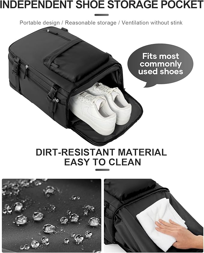 WONHOX Travel Backpack Women,Carry On Backpack Flight Approved 18x14x8 inches Bag Spirit Airlines Personal ltem,College Sports Hiking Rucksack Waterproof Casual Daypack Laptop Blackpack Men,Black