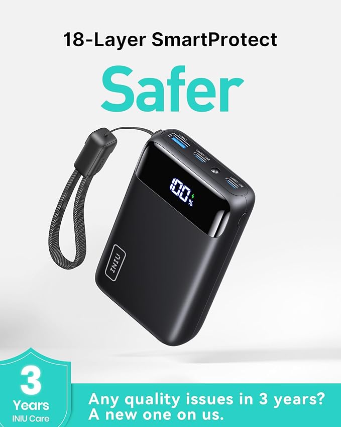 INIU Smallest 20000mAh Power Bank, 22.5W PD Fast Charging Portable Charger with Detachable Cable, Flight-Safe Battery Pack with LED Display for Travel Xiaomi iPhone 17 16 Samsung S26 Google iPad etc