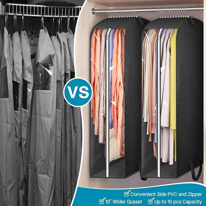 KIMBORA 10" Gusseted Clear Garment Bags for Hanging Clothes Storage, 43" Suit Bags for Closet Storage with Handles, Garment Covers for Coats, Jackets, Sweaters (2 Packs, Black)