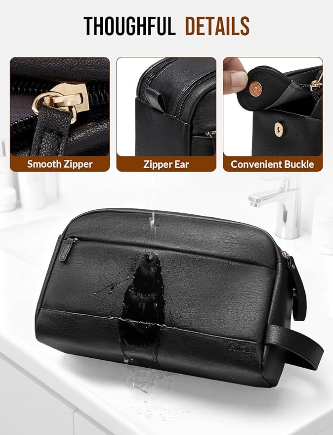 Large PU Leather Toiletry Bag for Men - Water Resistant Travel Bag for Toiletries, Bathroom Essentials, Accessories - Black