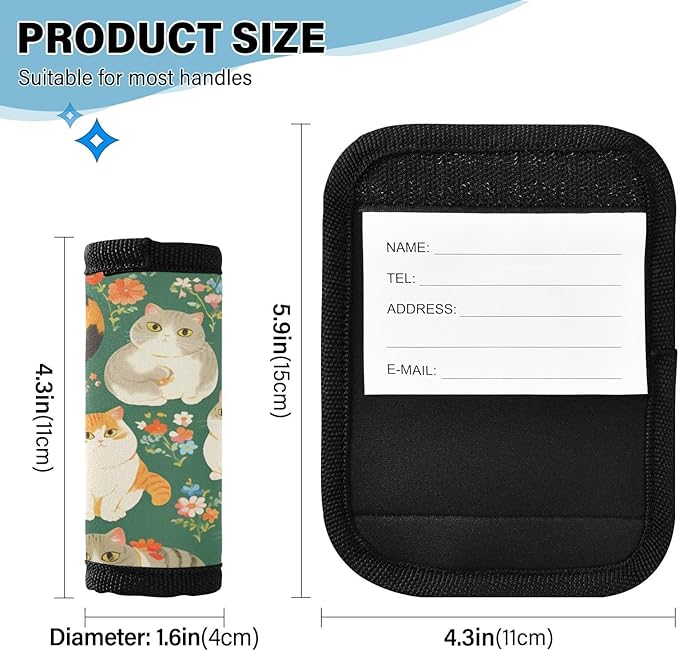 2 PC Luggage Handle Wrap Luggage Handle Covers Tags for Suitcase Bags Travel Luggage Handle Identifier Gripper Scottish Fold Cats Flowers Green