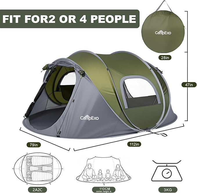 Camping Tent, Pop Up Instant Tent for 2-3 Person, Sets Up in Just Seconds, Waterproof Durable Tent with Carry Bag for Camping Hiking Outdoor