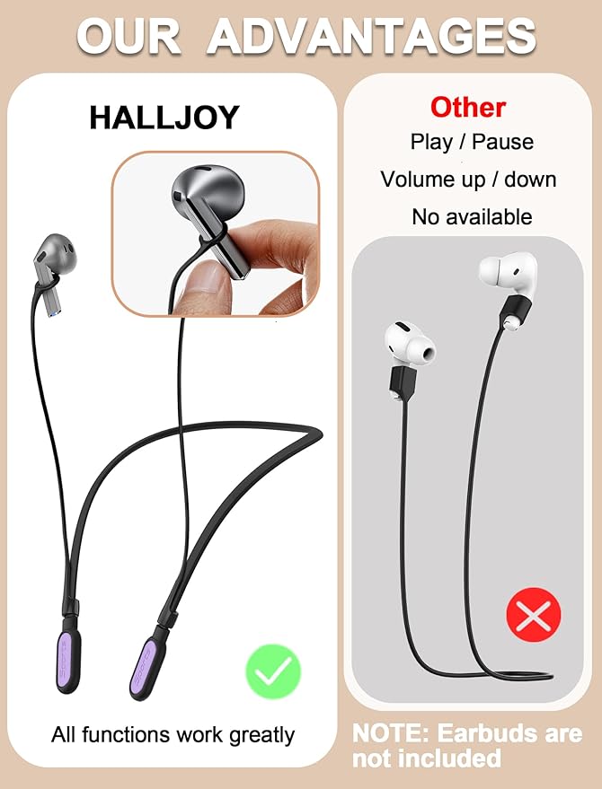 HALLJOY for Galaxy Buds 4/4 Pro/Buds 3/3 Pro Strap Neckband, Anti-Lost Accessories, Support Volume Control, Ergonomic Design, Fit Airpods Pro 3/2/1, Airpods 4, 3, 2, 1, Black Band/Purple Tip