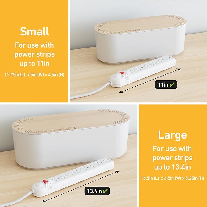 D-Line Cable Management Box with 6 AC Outlet 6ft Power Strip, Hide Extension Cords and Excess Wire Clutter, 12.75in (L) x 5in (H) x 4.5in (W) - Small, White with Wood-Lid