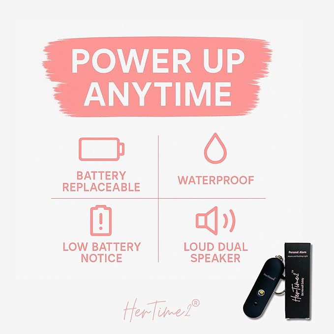 HerTime2 Personal Safety Alarm for Women - Loud Self Defense Siren, Waterproof Keychain with Strobe Light - Battery Powered, Black