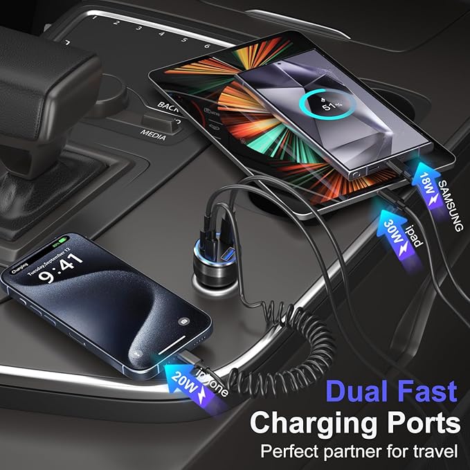 USB C Car Charger, Bangfun 65W 4-Port Dual 12V USB Car Power Charger PD&QC3.0 Fast Charging Cigarette Lighter Adapter Plug for iPhone 17 16 15 Pro iPad Air Samsung S25+5ft Type C Coiled Cable (Black)