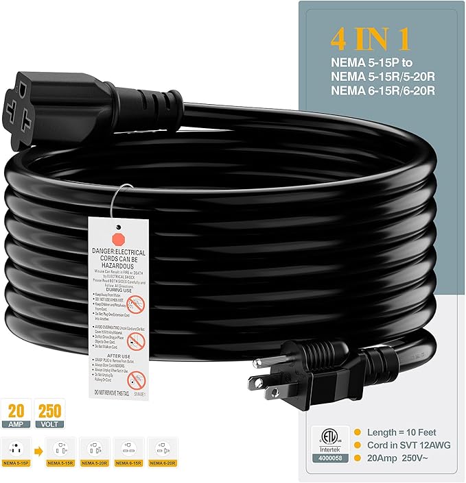 15FT NEMA 5-15P to 5-15R/ 5-20R/ 6-15R/ 6-20R AC Adapter, Plugrand 12AWG 15 Amp Household AC Plug to 20 Amp T Blade Adapter Cable, 15A 125V to 20A 250V Extension Cable, 15FT, Black