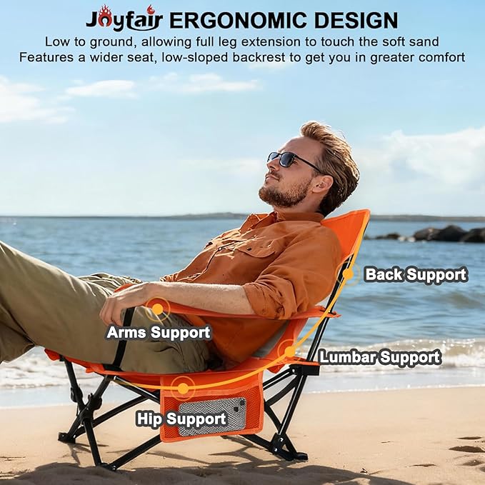 Joyfair Beach Camping Chair (2 Pack), Outdoor Folding Lawn Chair for Adults, Heavy Duty Portable Chair with Armrest for Outside Fishing, Sport, Patio, Cup Holder & Storage Pocket, Carry Bag (Orange)