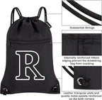 HOLYLUCK Drawstring Bags Initial Backpack Sackpack Cinch Bags for Sports, Gym, Travel, Beach (Black-R)