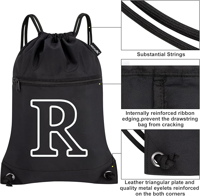 HOLYLUCK Drawstring Bags Initial Backpack Sackpack Cinch Bags for Sports, Gym, Travel, Beach (Black-R)