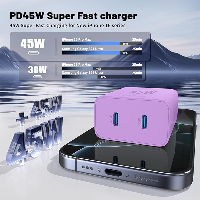 QZIIW Super Fast Samsung Charger Type C,45W Dual Port USB C Fast Charger Block [2-Pack] & Extra Long 60W 3/6/6/10FT USB C Cable - PD Quick Charging 3.0 for Samsung Galaxy S25 Ultra/S24+/S23 iPhone 16