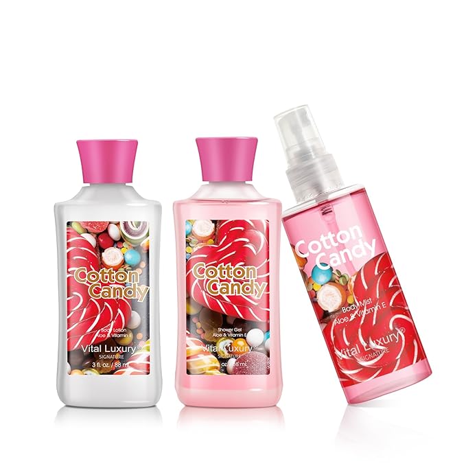 Cotton Candy Bath & Body Travel Kit, 3 Fl Oz, Ideal Skincare Gift Home Spa Set, Includes Shower Gel, Body Lotion and Fragrance Mist, Birthday Mother's Valentine's Day Gifts for Her