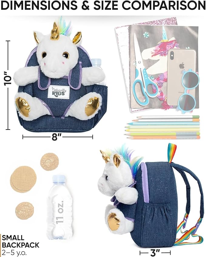 Naturally KIDS 【Upgraded】 Toddler Backpack w Removable Unicorn Toy for Girls Age 2-6 | Side & Inner Pockets, Reflective Logo, Name Tag, Sparkly Denim | Cute Christmas Gifts