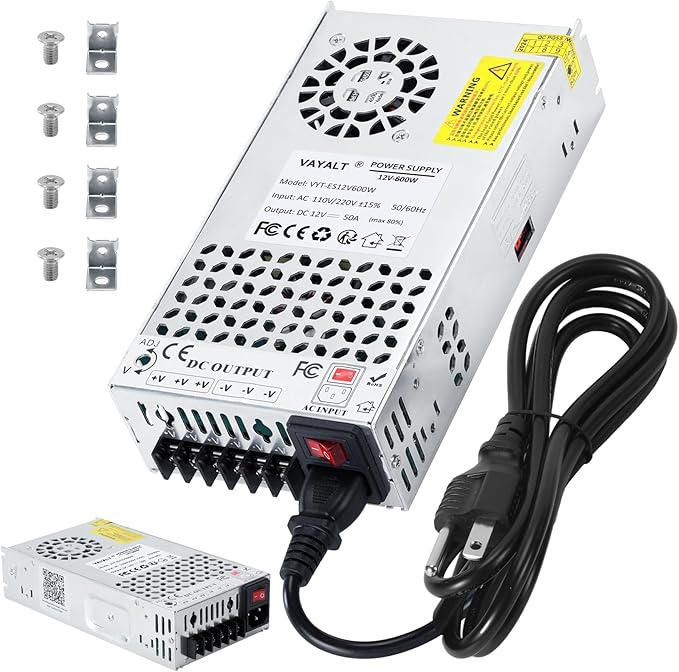 VAYALT DC 12V 50A 600W Switching Power Supply, 110V/220V AC to DC Converter, Universal Regulated Switching, 12V Power Supply for CCTV Camera System, 3D Printer, LED Strip, Computer Project