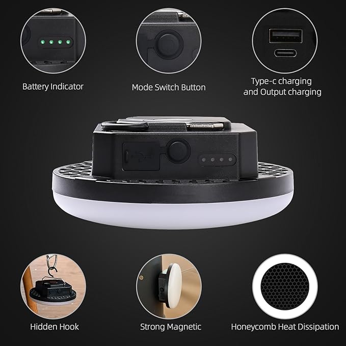 Camping Pop up Tent Light for Hanging, LED Rechargeable Portable Overhead Lantern for Vendor Booths, 3 Modes Waterproof Outdoor Camp Lamp with Battery Power for Glamping (Dimming-Black)
