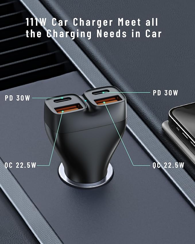 USB C Car Charger, 111W 4 Ports Super Fast Car Charger Adapter, Dual USB-C & USB-A PD30W/QC22.5W Fast Charging Cigarette Lighter for iPhone 17/16/15/14/13, Samsung Galaxy S25 Ultra/S24, Pixel, Android