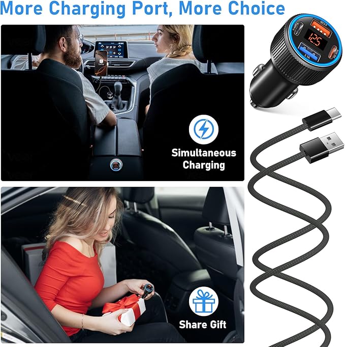 65W 4 Port Super Fast Type C Car Charger USB C for Samsung S25 S24 S23 Ultra A53 A16, iPhone 17 16 15 PD/QC 3.0 Fast Charging 12V Car Cigarette Lighter Adapter with Voltage Meter+4 Pack USB-C Cables