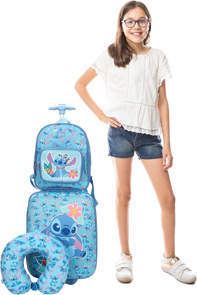 Bioworld Lilo & Stitch Kids' 3-Piece Travel Set With Luggage, Backpack, and Neck Pillow