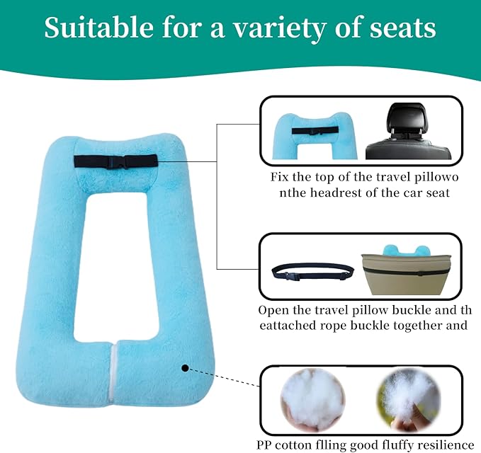 FHSGGP Travel Pillow Upgraded Version of Aircraft Travel Neck Pillow with Storage Bag, Sleep Pillows for Travel by Train, Car, or Plane, Supporting The Head and Body, Travel Pillow for Kids Blue