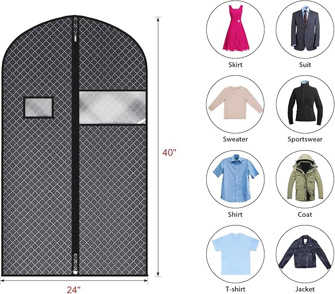 Univivi Suit Bags for Closet Storage and Travel, 40 Inch Hanging Garment Bags for Men Suit Cover with Clear Window and ID Card Holder for Suit Jacket, Shirt and Coat, 10 Pack, Black