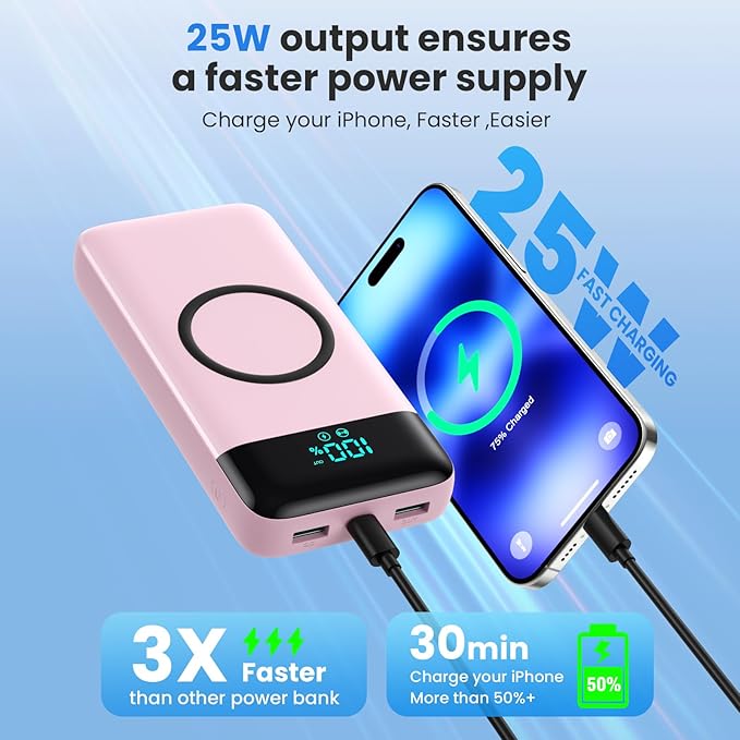 YHO Wireless Portable Charger 40800mAh for iPhone with Built-in Cables, Wireless Charging USB C Power Bank,25W PD Fast Charging Travel Essential Battery Pack for iPhone 17/16/15,Android-Pink