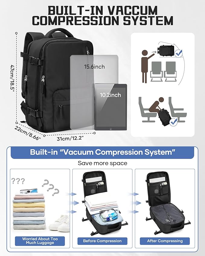 WONHOX Vacuum Seal Backpack for Travel with Air Pump Compression Vacpack Carry on Flight Approved Daypack Laptop Space Saver Bags Storage with Vacuum System 18x14x8 inches Travel Bag Women Men Black
