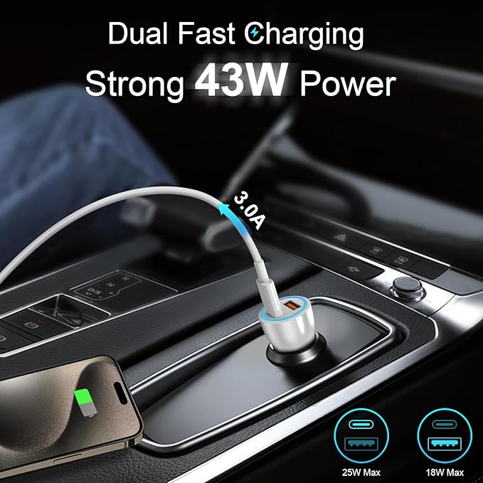 iPhone 17 16 15 Car Charger, [Apple MFi Certified] 2-Pack USB C Car Charger 43W Fast Charging with 3.3 FT Type C to C Cable, USB Car Adapter for iPhone 17/17 Pro/17 Pro Max/Air/16/15