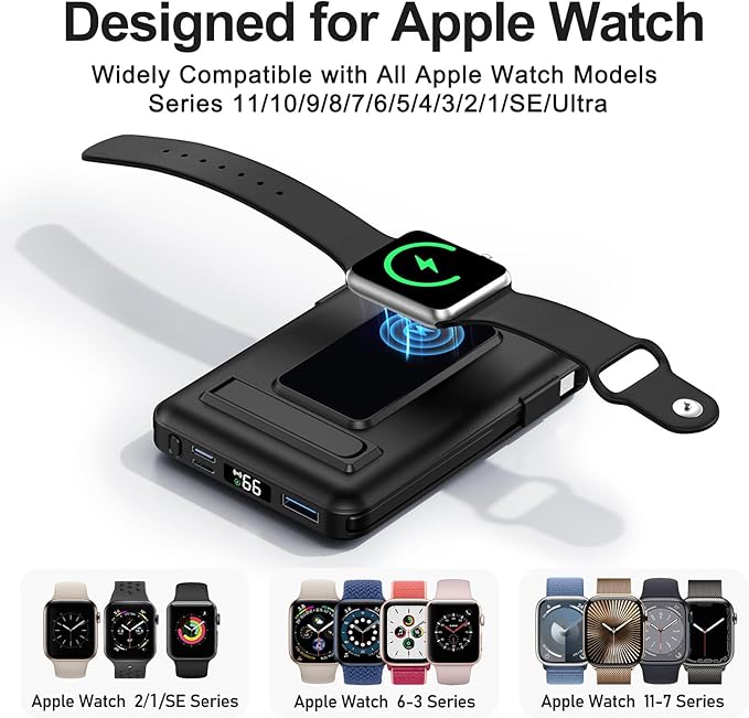 Magnetic Portable Charger, 10000mAh Wireless Power Bank for iPhone with Built-in Cables, 20W Fast Charging for Magsafe Battery Pack with Stand for iPhone Air/17/16/15/14/13/12 and Apple Watch