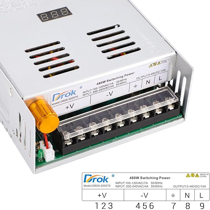 DROK 48V Power Supply, AC to DC Converter 0-48V 10A 480W Variable Power Supply, AC to DC Adapter Low Voltage Transformer for Landscape Lights LED Adapter Lab CCTV